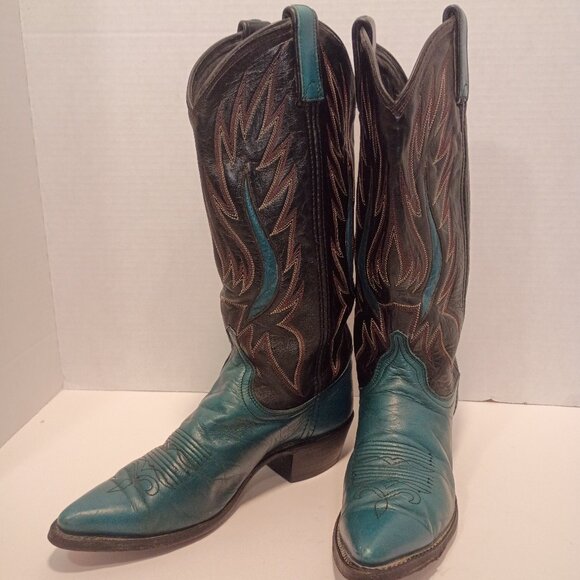 Vintage DAN POST Black and "Aqua Cowgirl Boot" Leather Size 6.5M Women Snip-toe - Picture 1 of 15